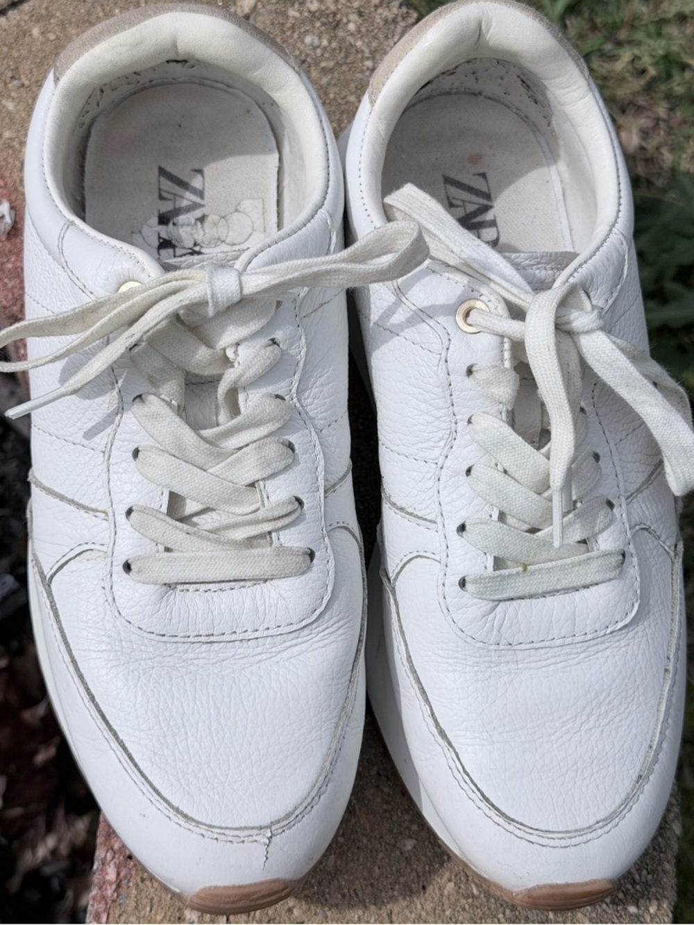 Zara White Leather Lace-Up Sneakers